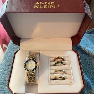 Anne Klein gold-and-silver tone watch + 5 interchangeable bezels (6" wrist)